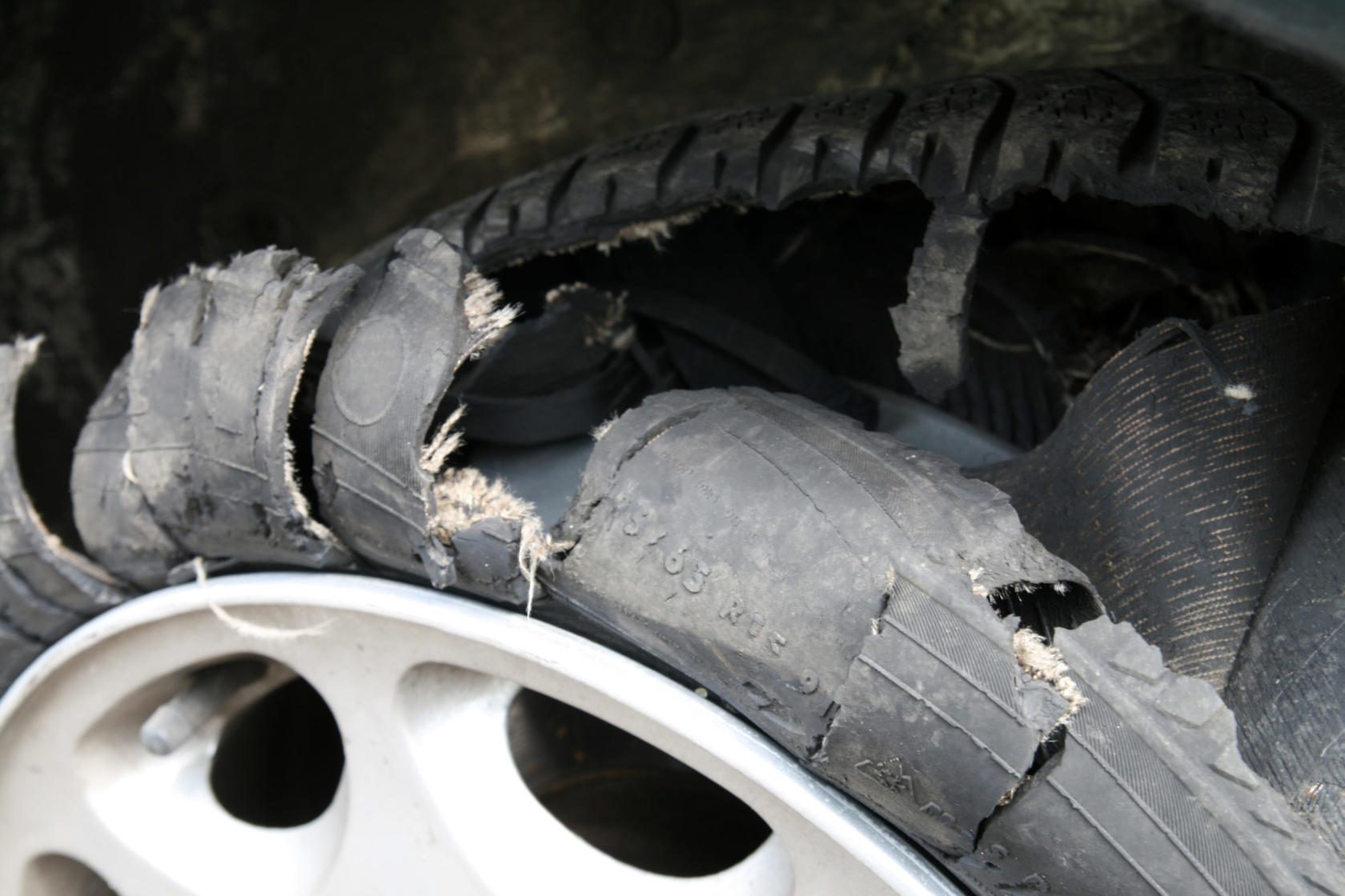 Destroyed car tire